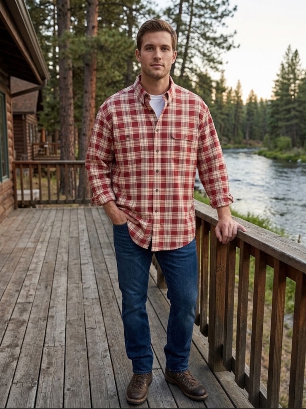Orvis Men's Red & Cream Plaid Button-Up Shirt XXL